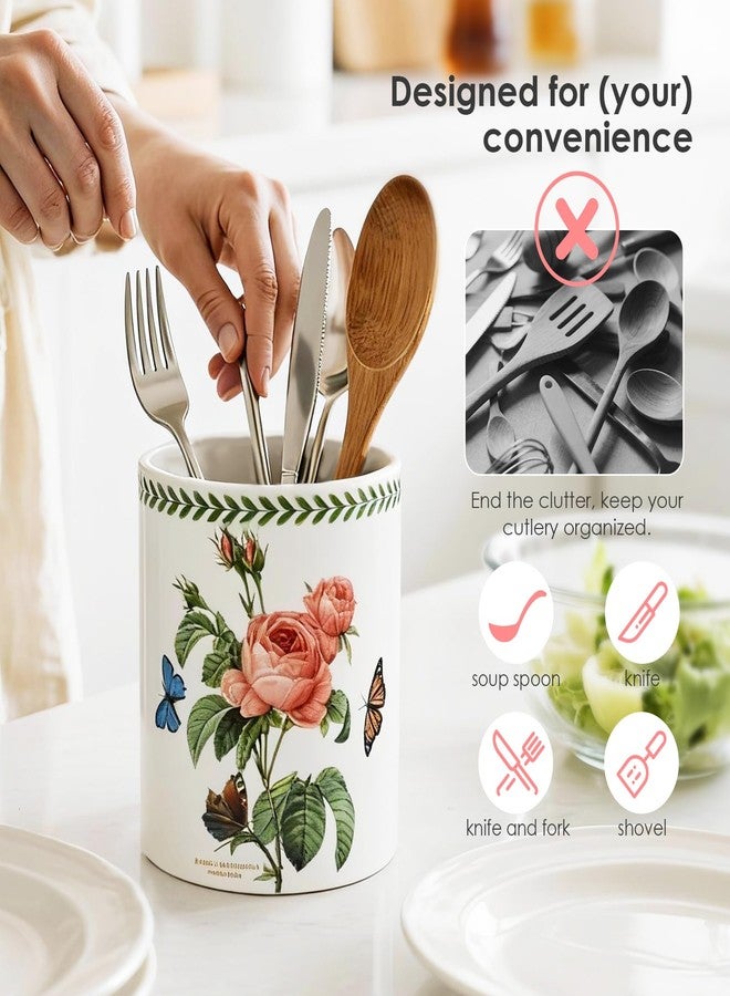 ACMLIFE Extra Large Cooking Utensil Holder, 7.3" Kitchen Utensil Holder for Countertop, Utensil Crock for Farmhouse Kitchen Decor, Ceramic Stable Utensil Caddy, Floral (Rose) - Image 3